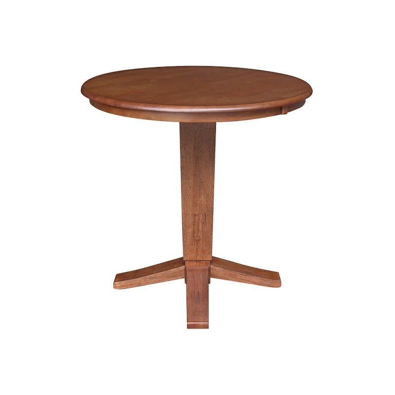 Round Solid Parawood Counter Height Pedestal Dining Table – Black / White / Distressed Oak / Unfinished / Hickory