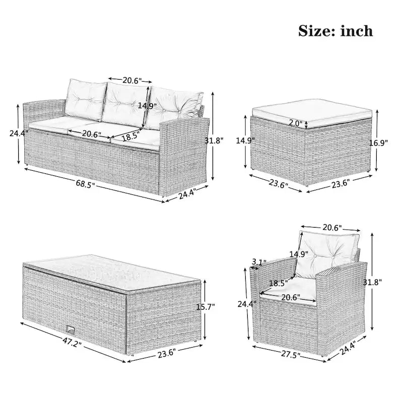 6 piece All-Weather Wicker rattan Patio Outdoor Sectional Set