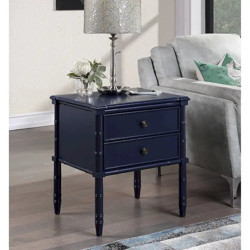 2-Drawer Nightstand with Carved Bamboo-Style Legs – Dove Grey / Midnight Blue / White / Vintage Green