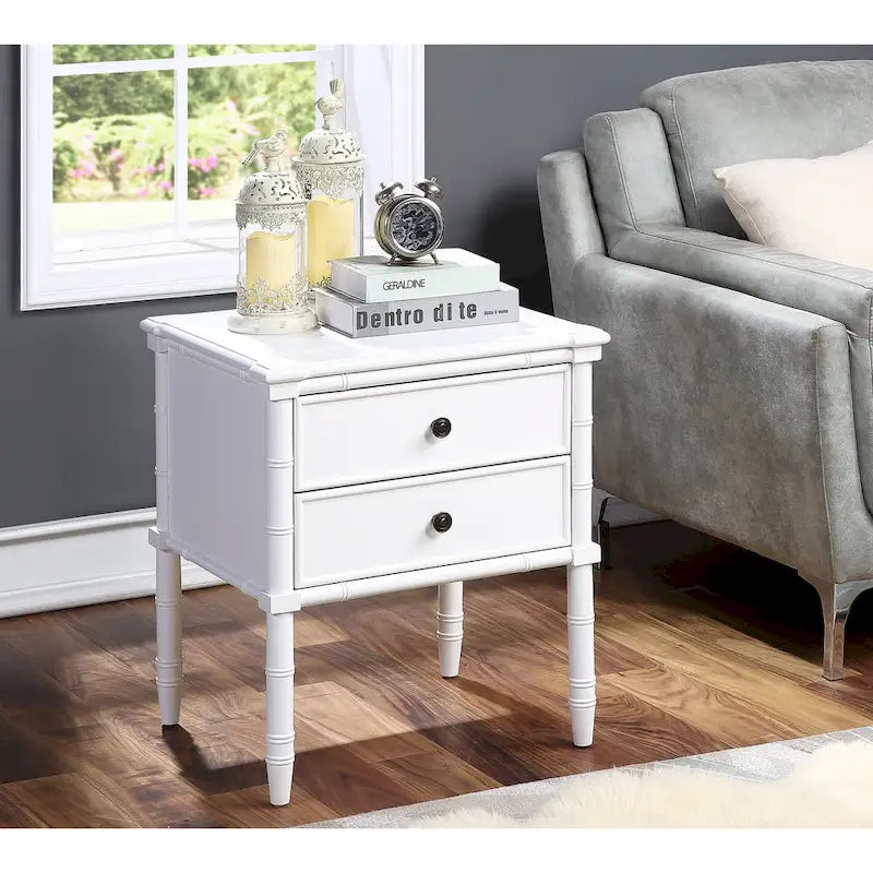 2-Drawer Nightstand with Carved Bamboo-Style Legs – Dove Grey / Midnight Blue / White / Vintage Green