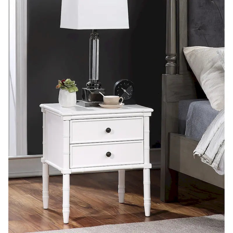2-Drawer Nightstand with Carved Bamboo-Style Legs – Dove Grey / Midnight Blue / White / Vintage Green