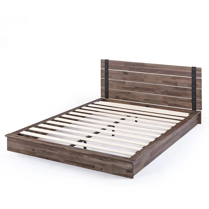 Acacia Wood & Metal Platform Bed Frame with Slatted Headboard – Brown, Twin / Full / Queen / King