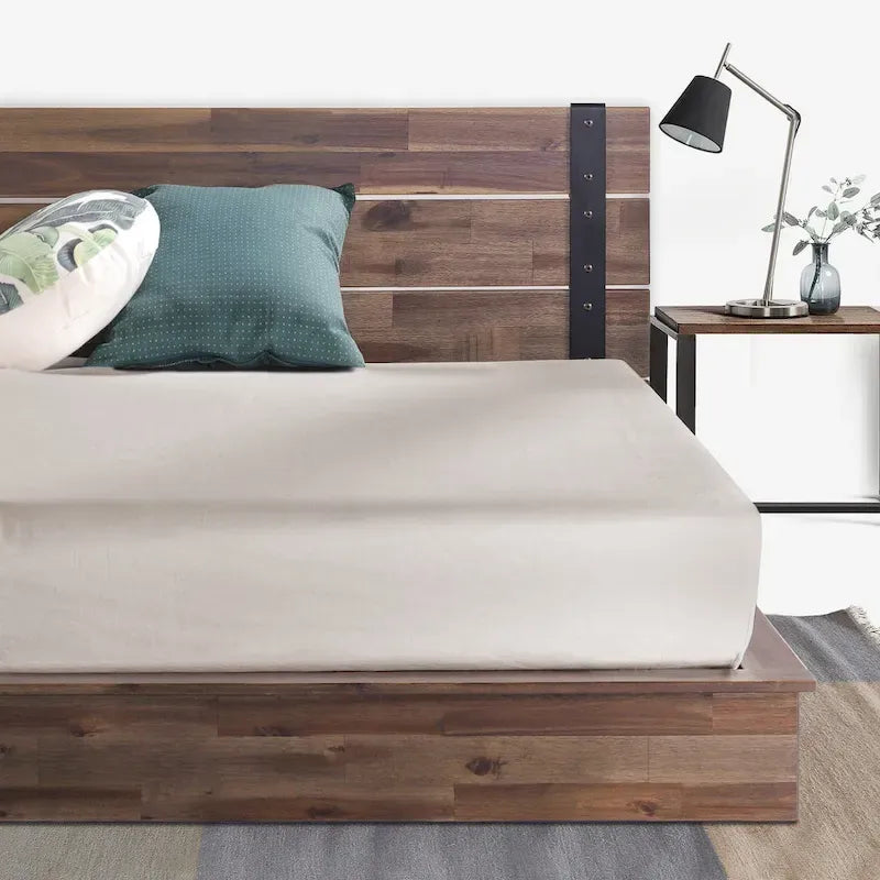 Acacia Wood & Metal Platform Bed Frame with Slatted Headboard – Brown, Twin / Full / Queen / King