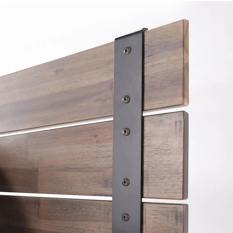Acacia Wood & Metal Platform Bed Frame with Slatted Headboard – Brown, Twin / Full / Queen / King