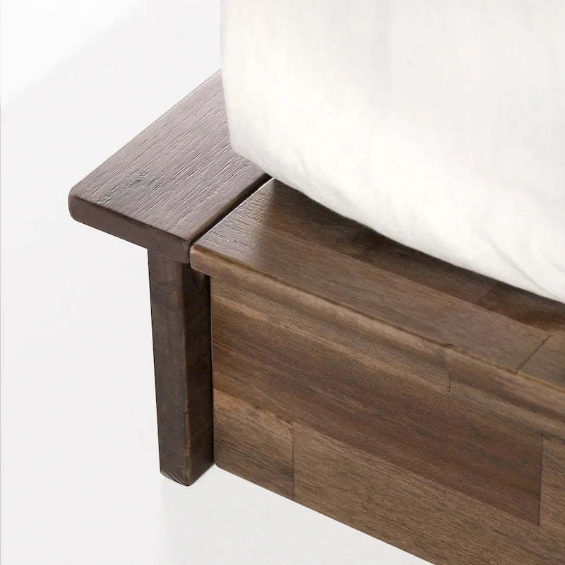 Acacia Wood & Metal Platform Bed Frame with Slatted Headboard – Brown, Twin / Full / Queen / King