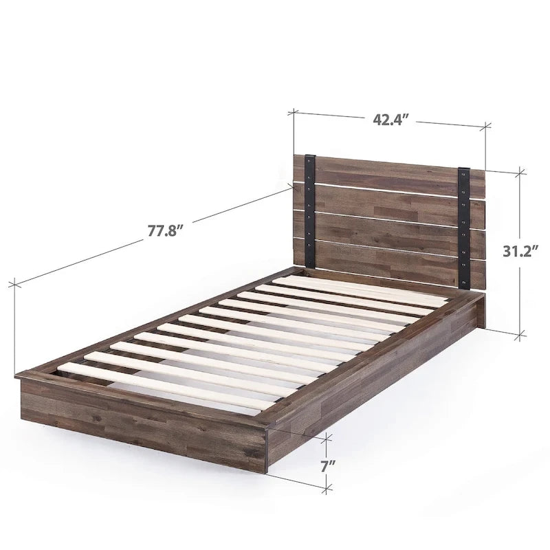 Acacia Wood & Metal Platform Bed Frame with Slatted Headboard – Brown, Twin / Full / Queen / King