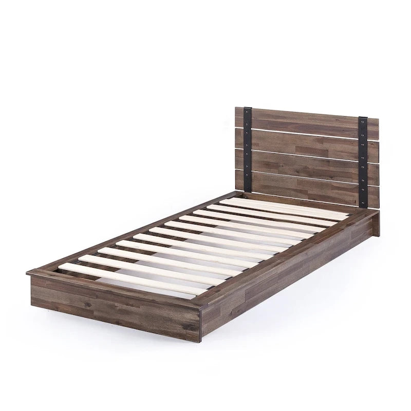 Acacia Wood & Metal Platform Bed Frame with Slatted Headboard – Brown, Twin / Full / Queen / King
