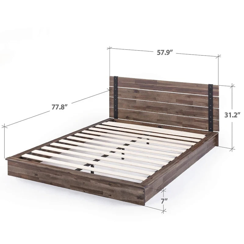 Acacia Wood & Metal Platform Bed Frame with Slatted Headboard – Brown, Twin / Full / Queen / King