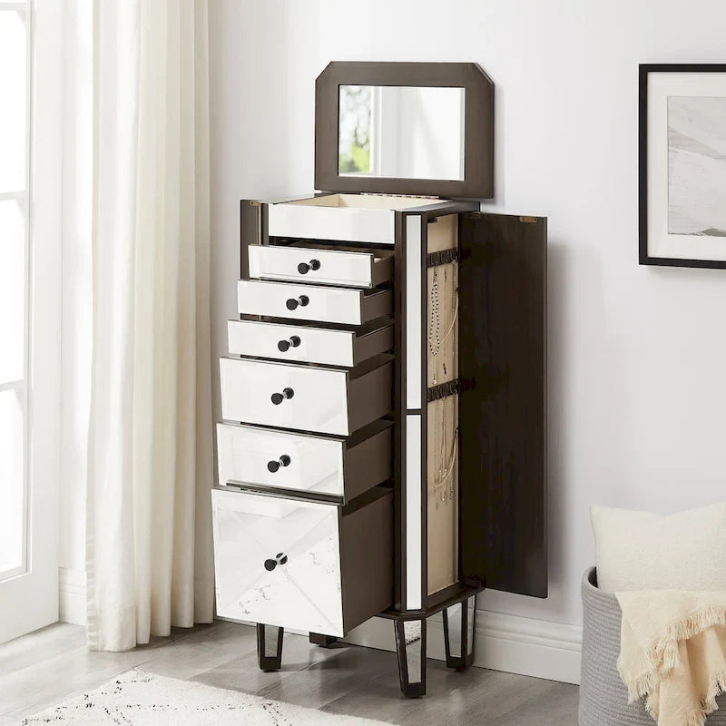 Mirrored Jewelry Armoire with 6 Drawers – Dark Espresso