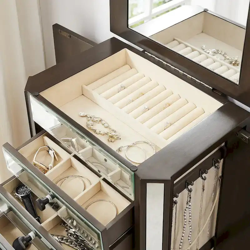 Mirrored Jewelry Armoire with 6 Drawers – Dark Espresso