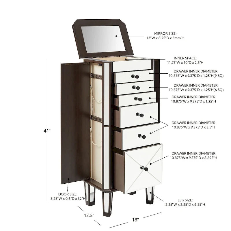Mirrored Jewelry Armoire with 6 Drawers – Dark Espresso
