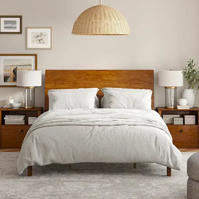 Mid-Century Modern Platform Bed with Storage Headboard & USB – Acorn / Walnut, Queen / King, Sleeps 2