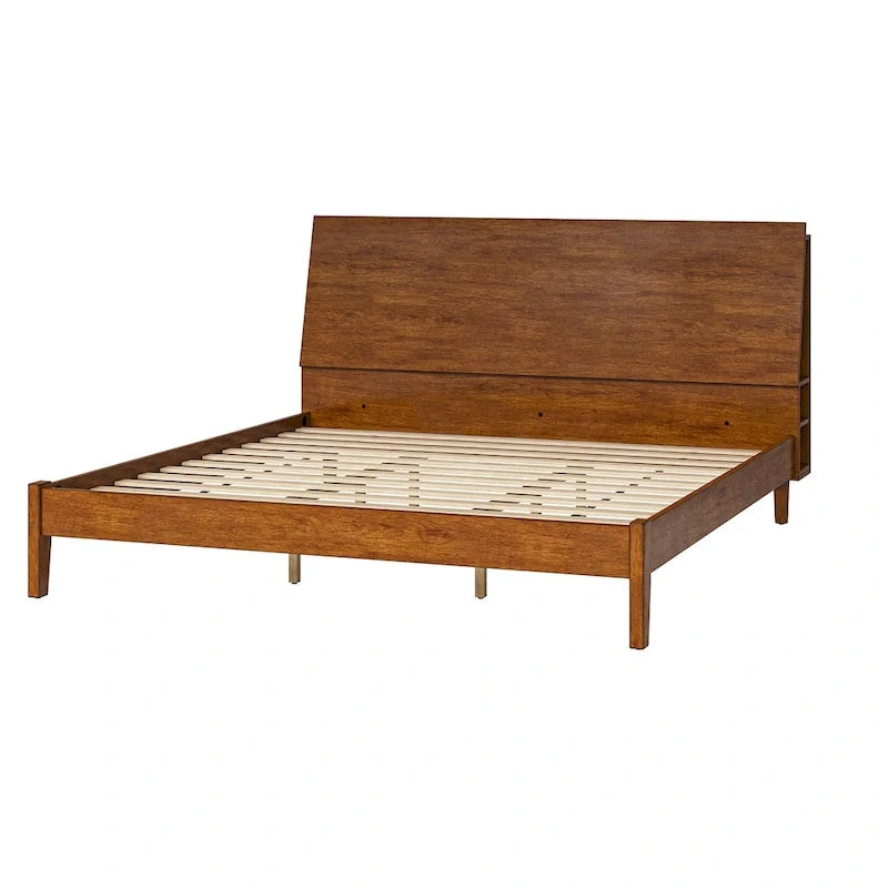 Mid-Century Modern Platform Bed with Storage Headboard & USB – Acorn / Walnut, Queen / King, Sleeps 2