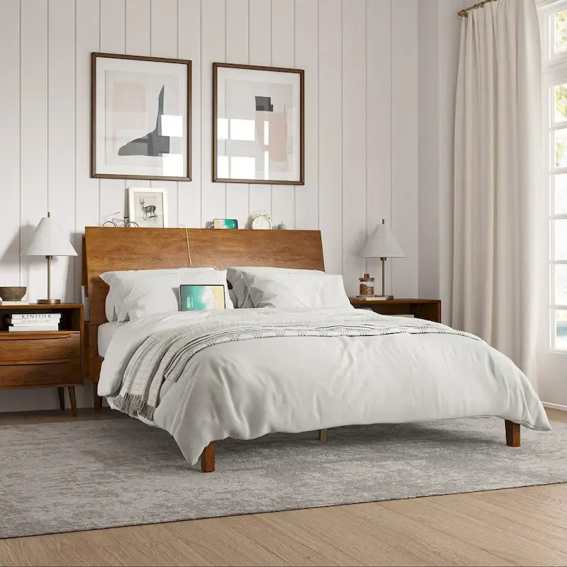 Mid-Century Modern Platform Bed with Storage Headboard & USB – Acorn / Walnut, Queen / King, Sleeps 2