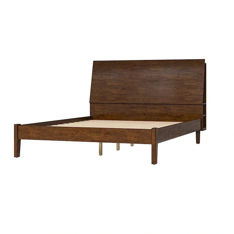 Mid-Century Modern Platform Bed with Storage Headboard & USB – Acorn / Walnut, Queen / King, Sleeps 2