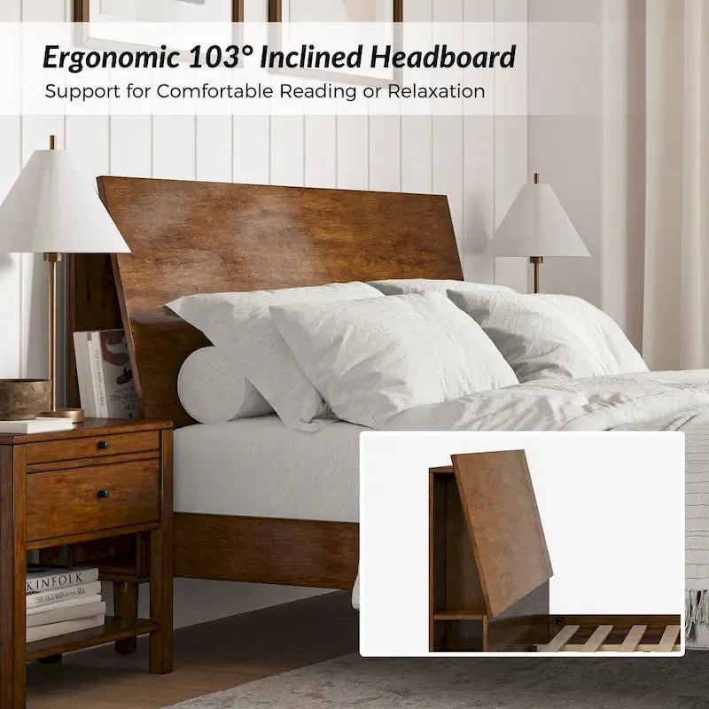 Mid-Century Modern Platform Bed with Storage Headboard & USB – Acorn / Walnut, Queen / King, Sleeps 2