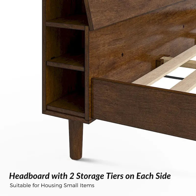 Mid-Century Modern Platform Bed with Storage Headboard & USB – Acorn / Walnut, Queen / King, Sleeps 2