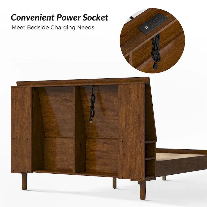 Mid-Century Modern Platform Bed with Storage Headboard & USB – Acorn / Walnut, Queen / King, Sleeps 2