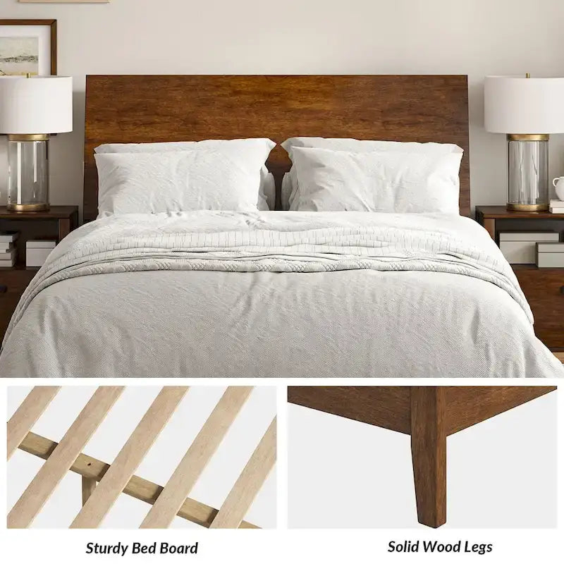 Mid-Century Modern Platform Bed with Storage Headboard & USB – Acorn / Walnut, Queen / King, Sleeps 2