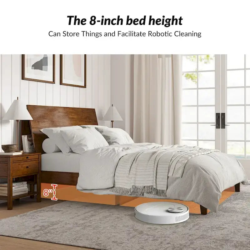 Mid-Century Modern Platform Bed with Storage Headboard & USB – Acorn / Walnut, Queen / King, Sleeps 2