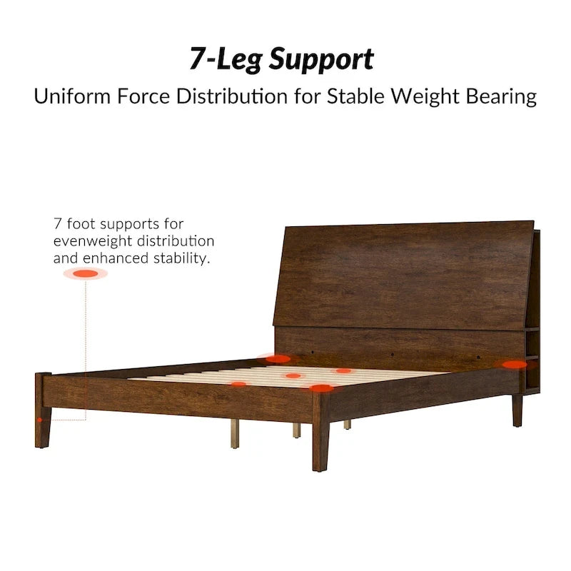 Mid-Century Modern Platform Bed with Storage Headboard & USB – Acorn / Walnut, Queen / King, Sleeps 2