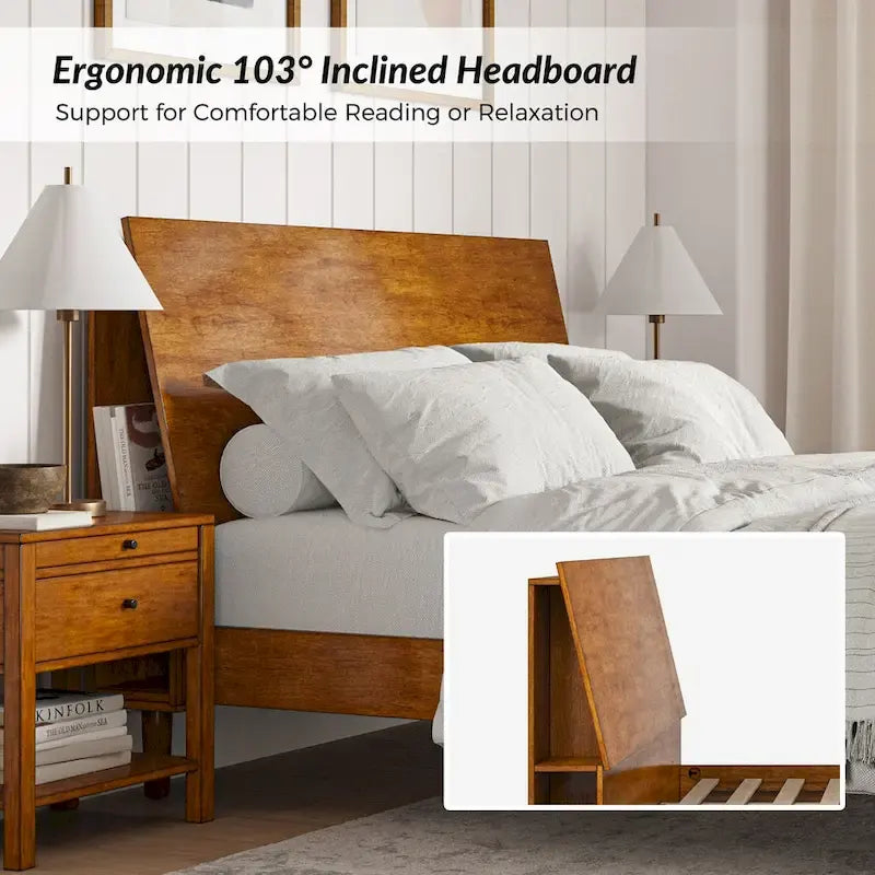 Mid-Century Modern Platform Bed with Storage Headboard & USB – Acorn / Walnut, Queen / King, Sleeps 2