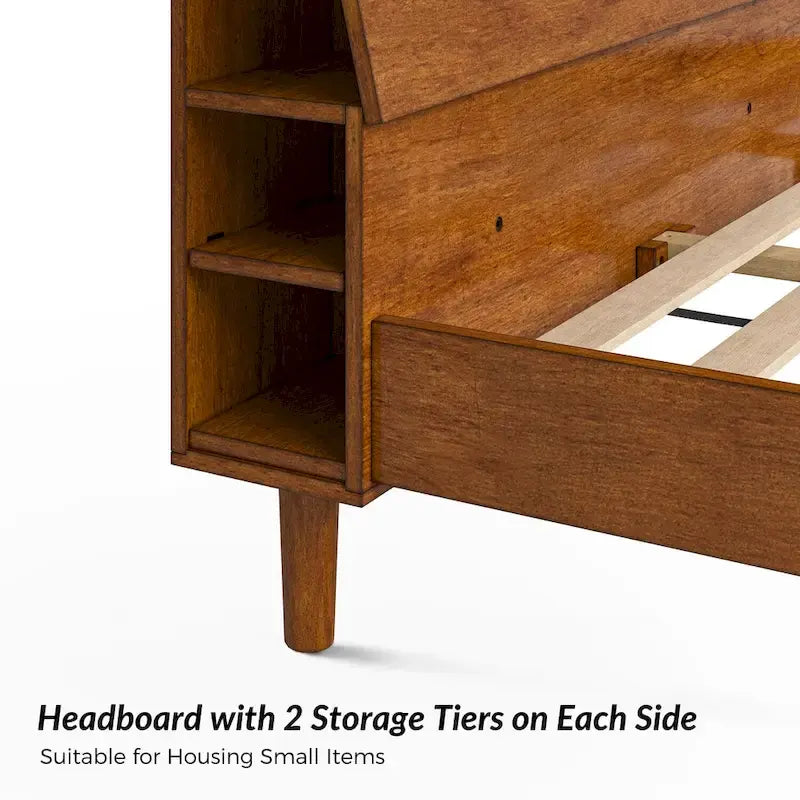 Mid-Century Modern Platform Bed with Storage Headboard & USB – Acorn / Walnut, Queen / King, Sleeps 2