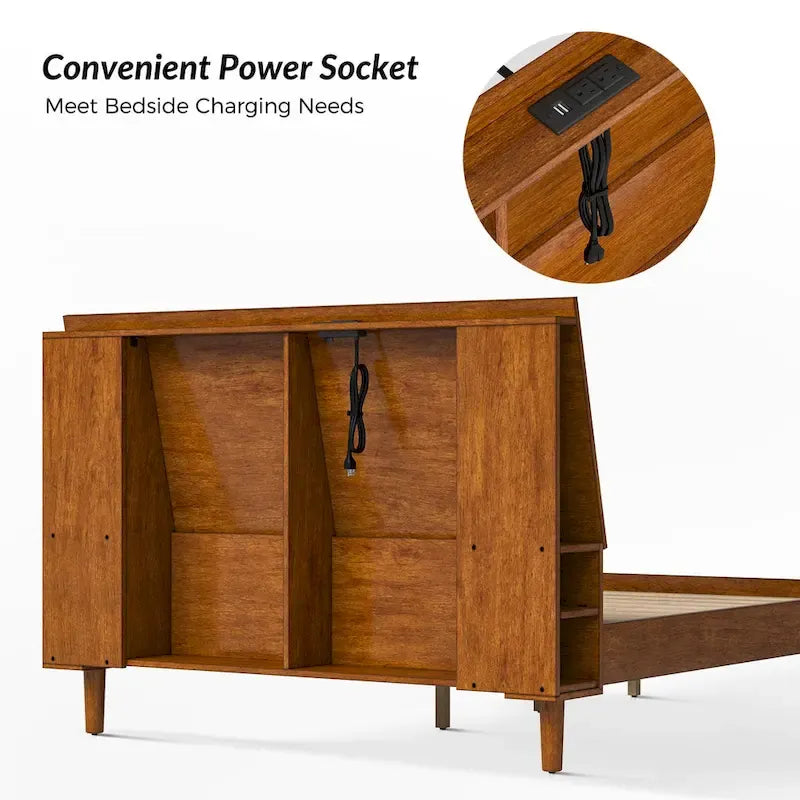 Mid-Century Modern Platform Bed with Storage Headboard & USB – Acorn / Walnut, Queen / King, Sleeps 2