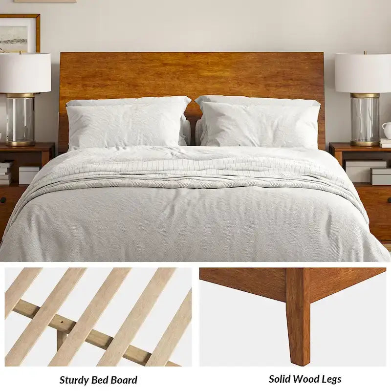 Mid-Century Modern Platform Bed with Storage Headboard & USB – Acorn / Walnut, Queen / King, Sleeps 2