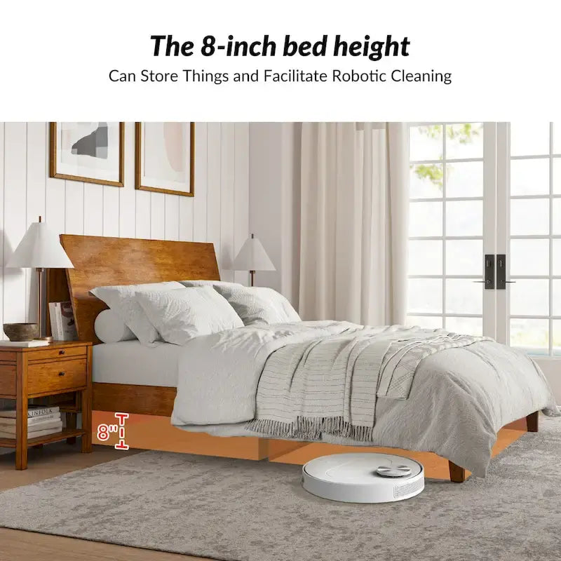 Mid-Century Modern Platform Bed with Storage Headboard & USB – Acorn / Walnut, Queen / King, Sleeps 2
