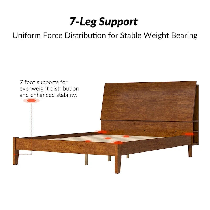 Mid-Century Modern Platform Bed with Storage Headboard & USB – Acorn / Walnut, Queen / King, Sleeps 2