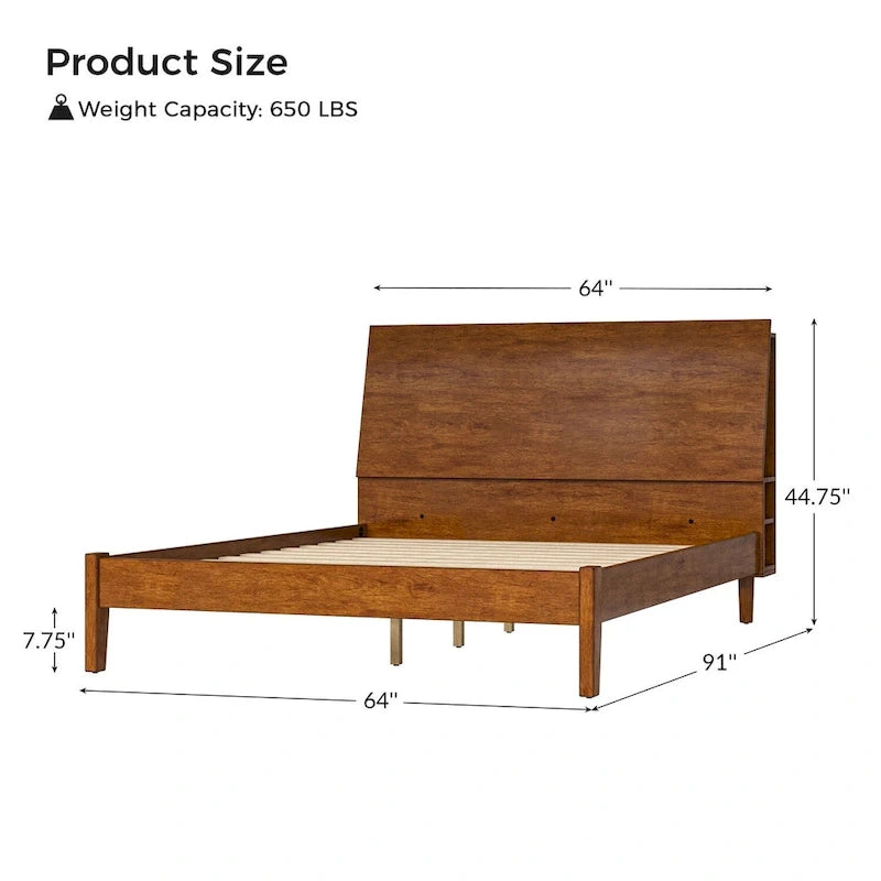Mid-Century Modern Platform Bed with Storage Headboard & USB – Acorn / Walnut, Queen / King, Sleeps 2
