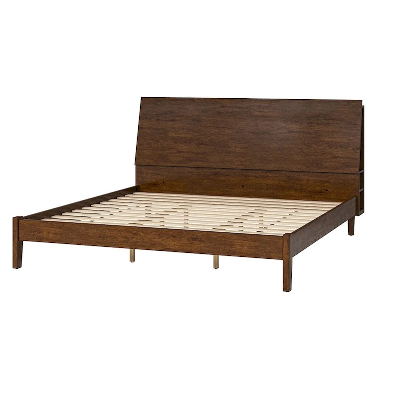 Mid-Century Modern Platform Bed with Storage Headboard & USB – Acorn / Walnut, Queen / King, Sleeps 2