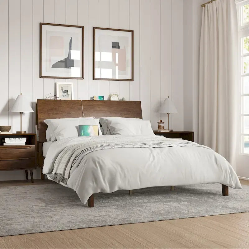Mid-Century Modern Platform Bed with Storage Headboard & USB – Acorn / Walnut, Queen / King, Sleeps 2