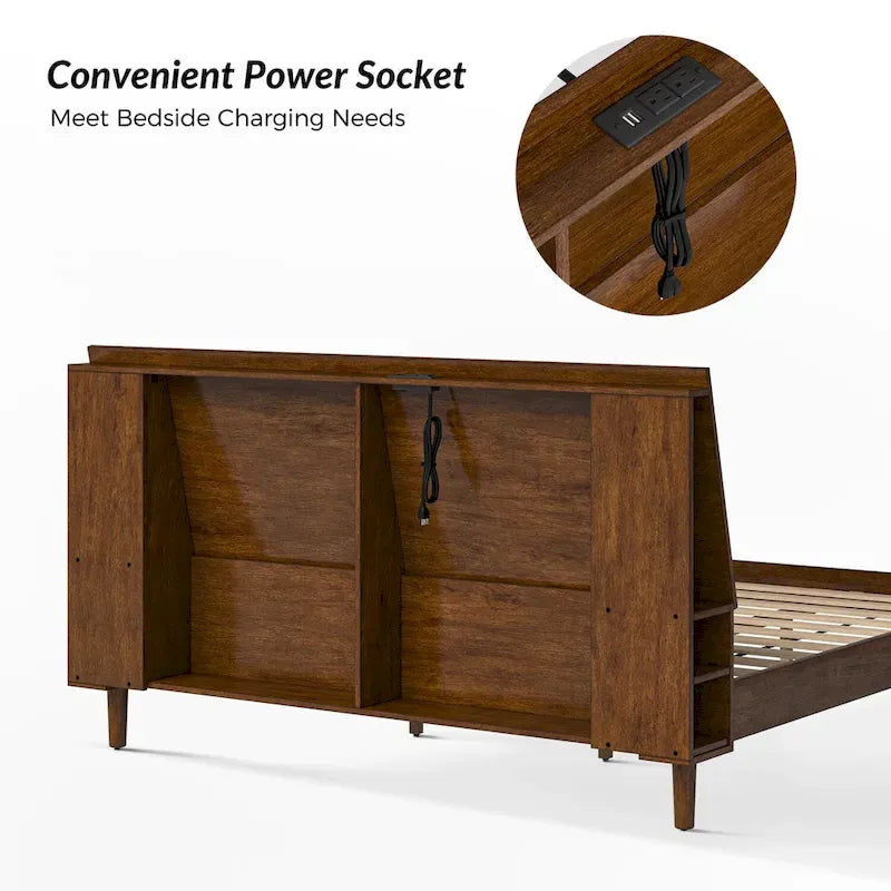 Mid-Century Modern Platform Bed with Storage Headboard & USB – Acorn / Walnut, Queen / King, Sleeps 2