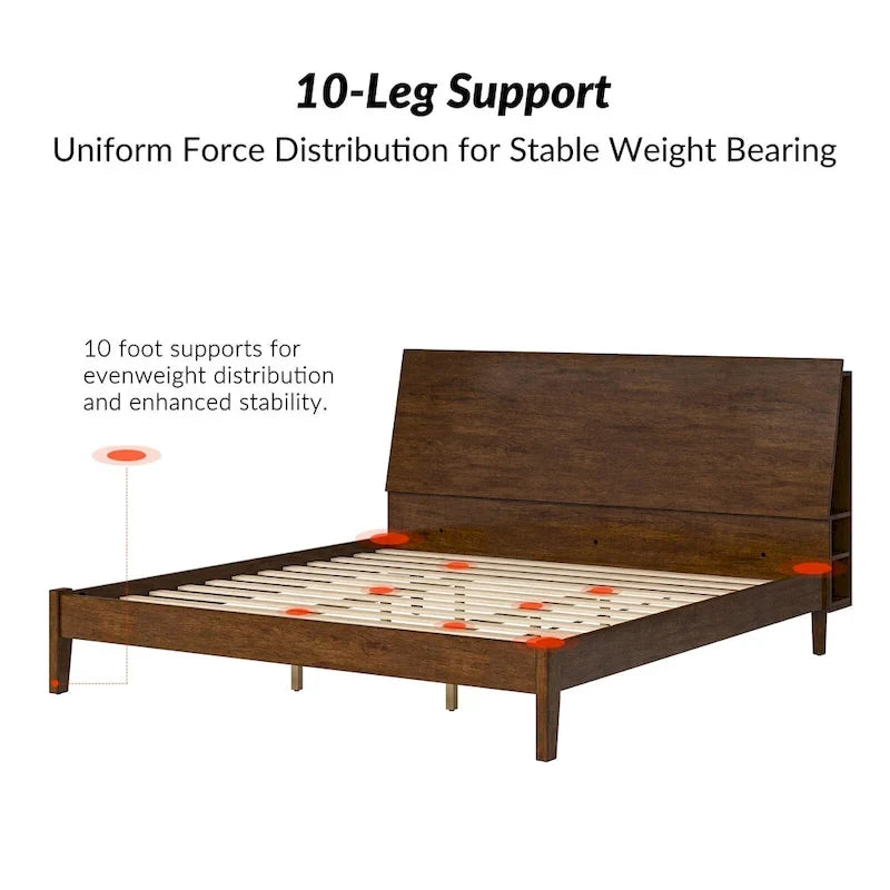 Mid-Century Modern Platform Bed with Storage Headboard & USB – Acorn / Walnut, Queen / King, Sleeps 2