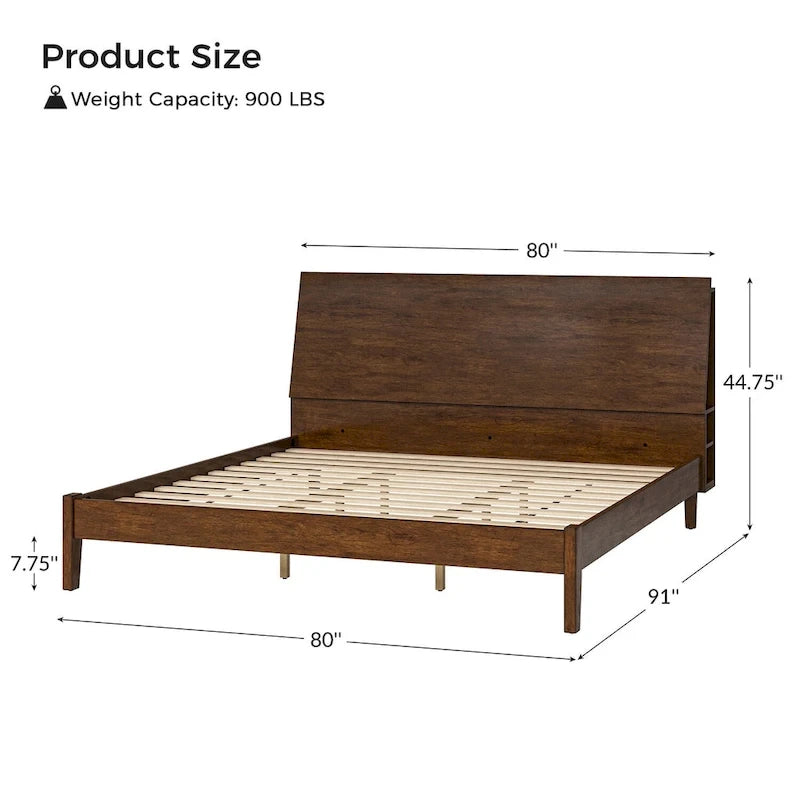 Mid-Century Modern Platform Bed with Storage Headboard & USB – Acorn / Walnut, Queen / King, Sleeps 2