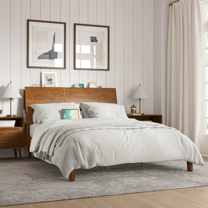 Mid-Century Modern Platform Bed with Storage Headboard & USB – Acorn / Walnut, Queen / King, Sleeps 2