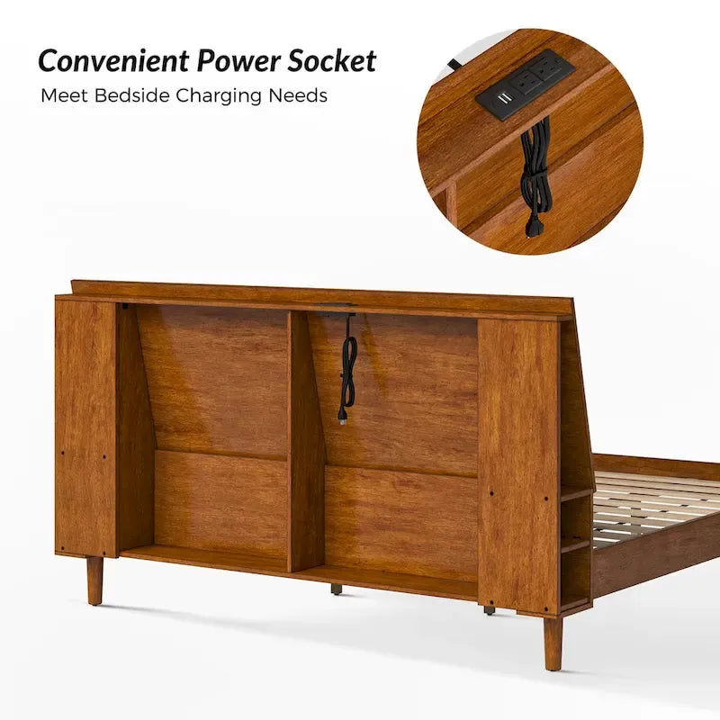 Mid-Century Modern Platform Bed with Storage Headboard & USB – Acorn / Walnut, Queen / King, Sleeps 2
