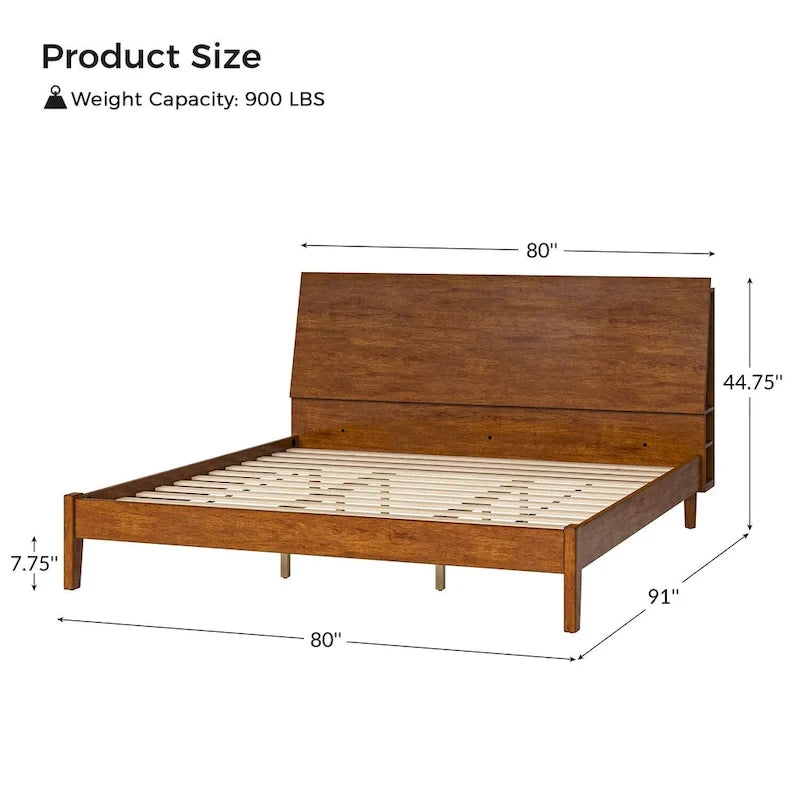 Mid-Century Modern Platform Bed with Storage Headboard & USB – Acorn / Walnut, Queen / King, Sleeps 2