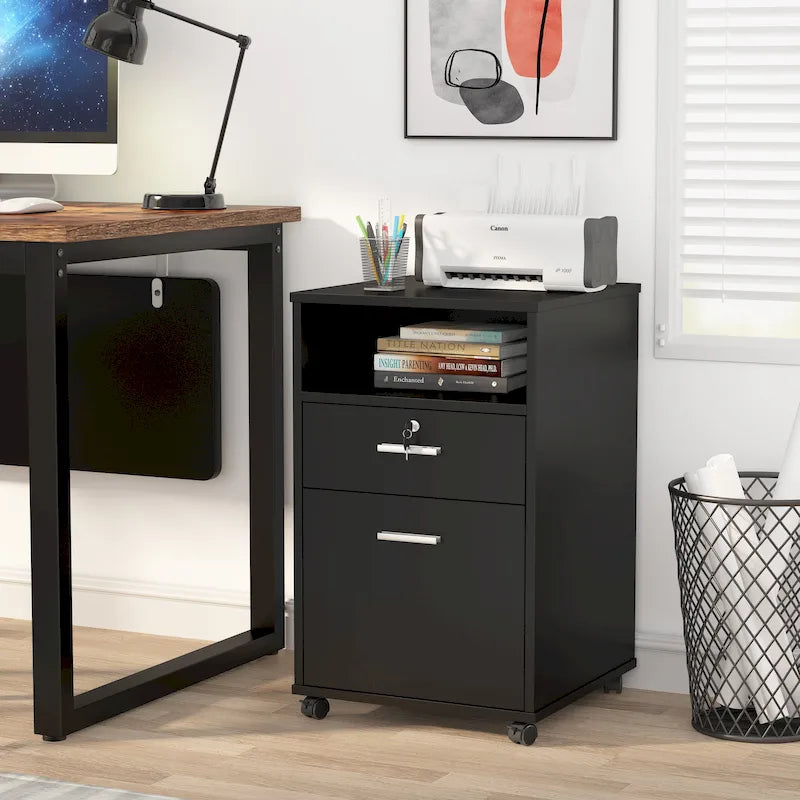 Mobile File Cabinet with 2 Locking Drawers and Wheels – Black / White / Vintage Brown