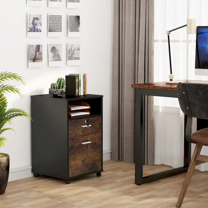 Mobile File Cabinet with 2 Locking Drawers and Wheels – Black / White / Vintage Brown