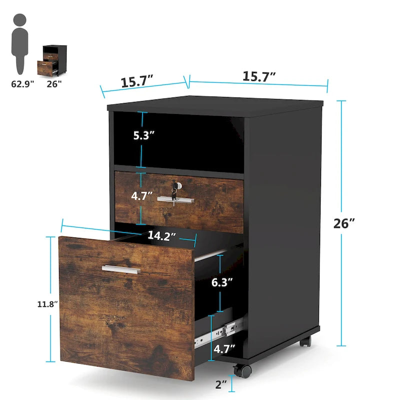 Mobile File Cabinet with 2 Locking Drawers and Wheels – Black / White / Vintage Brown