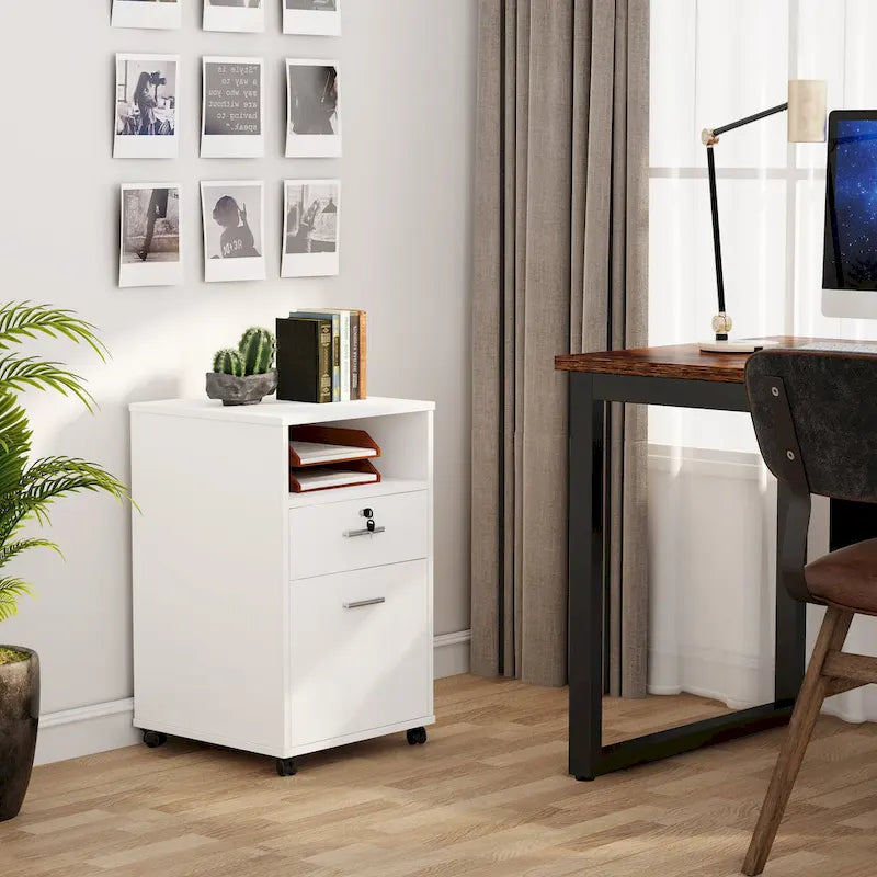 Mobile File Cabinet with 2 Locking Drawers and Wheels – Black / White / Vintage Brown