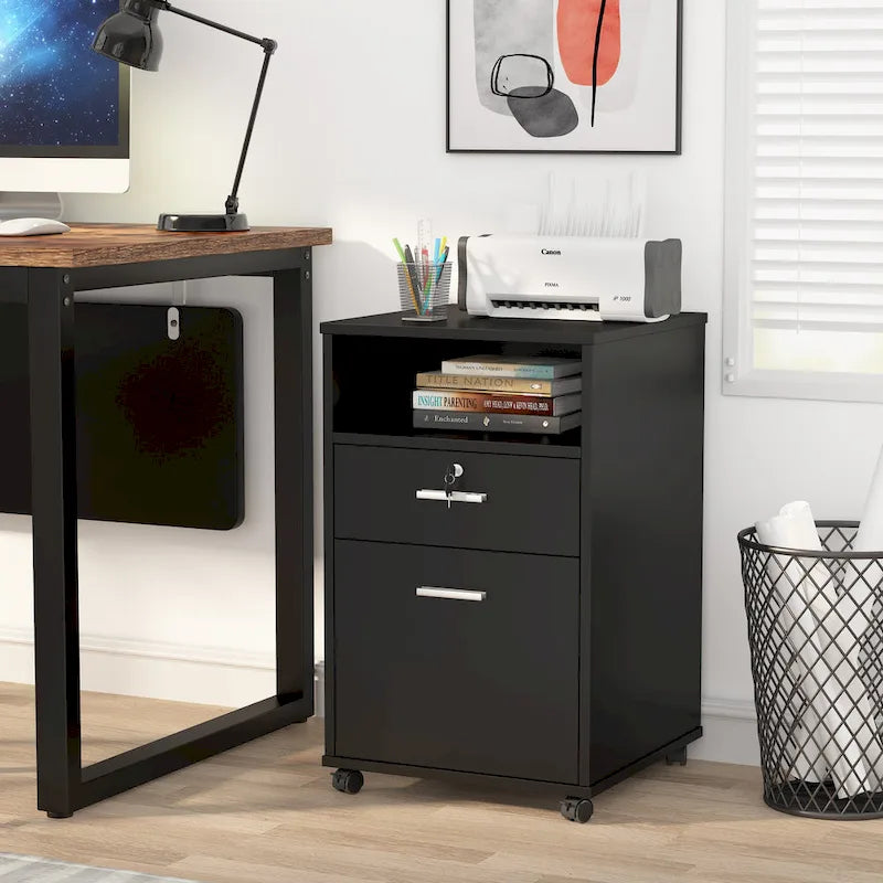 Mobile File Cabinet with 2 Locking Drawers and Wheels – Black / White / Vintage Brown