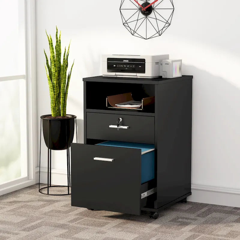 Mobile File Cabinet with 2 Locking Drawers and Wheels – Black / White / Vintage Brown