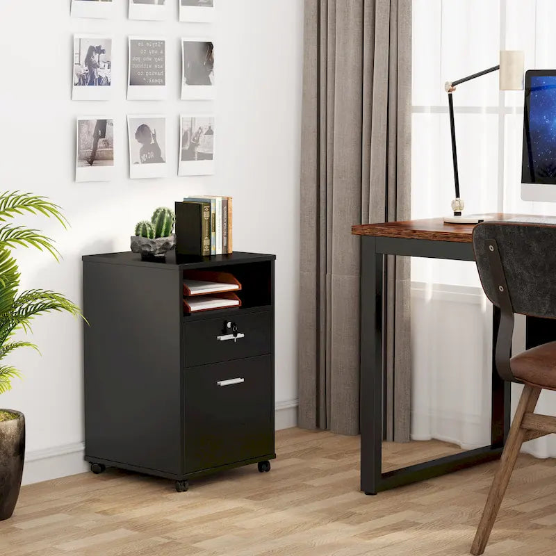 Mobile File Cabinet with 2 Locking Drawers and Wheels – Black / White / Vintage Brown