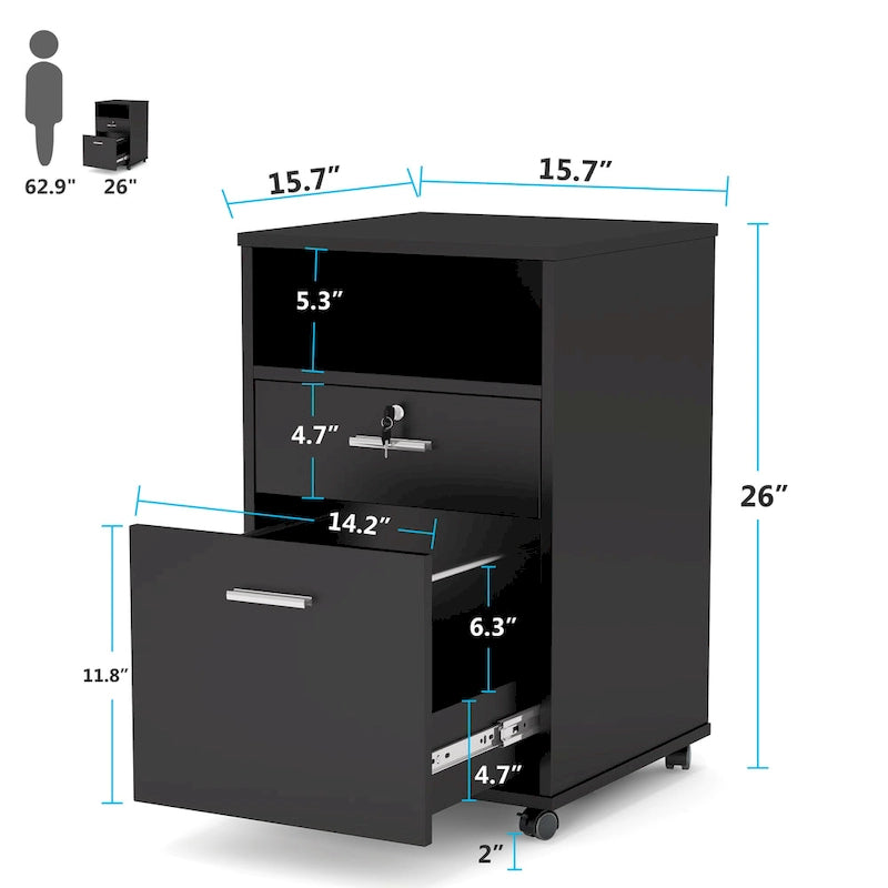 Mobile File Cabinet with 2 Locking Drawers and Wheels – Black / White / Vintage Brown
