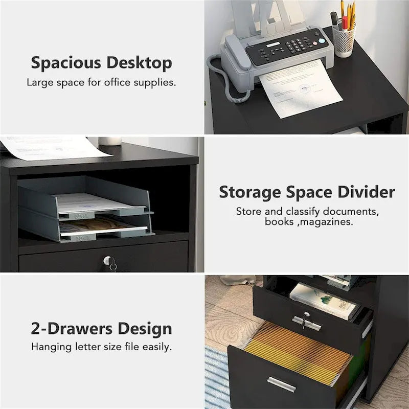 Mobile File Cabinet with 2 Locking Drawers and Wheels – Black / White / Vintage Brown