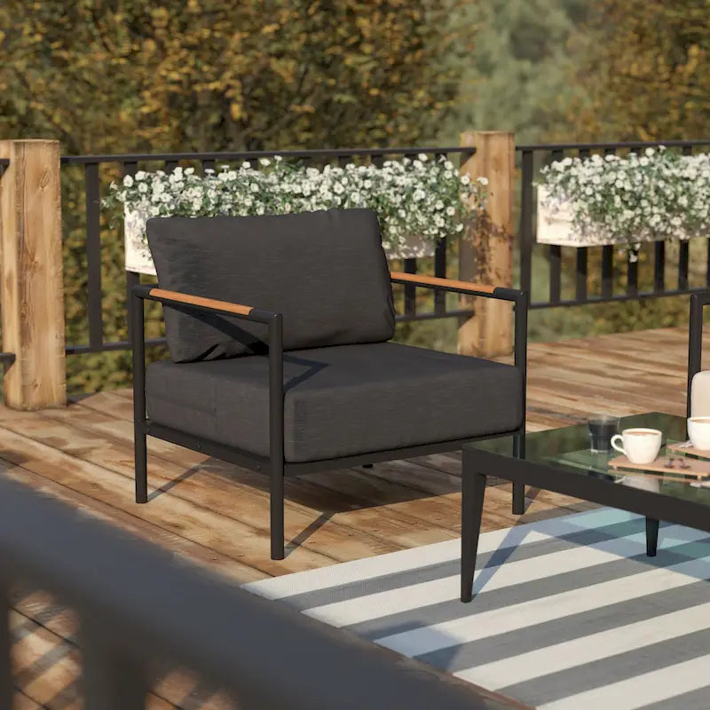 Aluminum Frame Patio Chair with Teak Arm Accents and Plush Cushions - 32.5 W x 29.5 D x 24.5 H